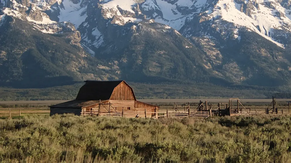 Mormon Row barn and Grand Teton National Park mountains in Jackson Hole, Wyoming.